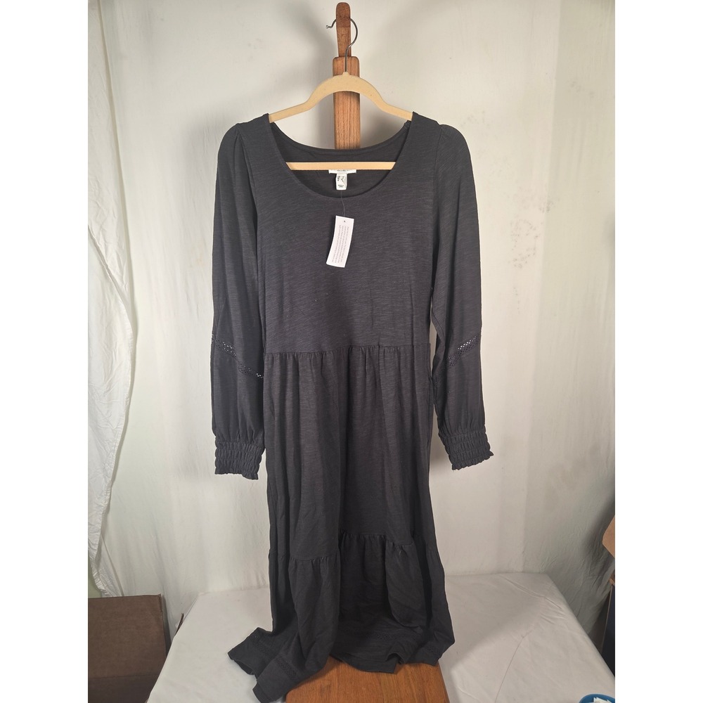 Canyon Retreat Womens Charcoal Grey Tiered Midi Dress Lace Detail Long Sleeve XS